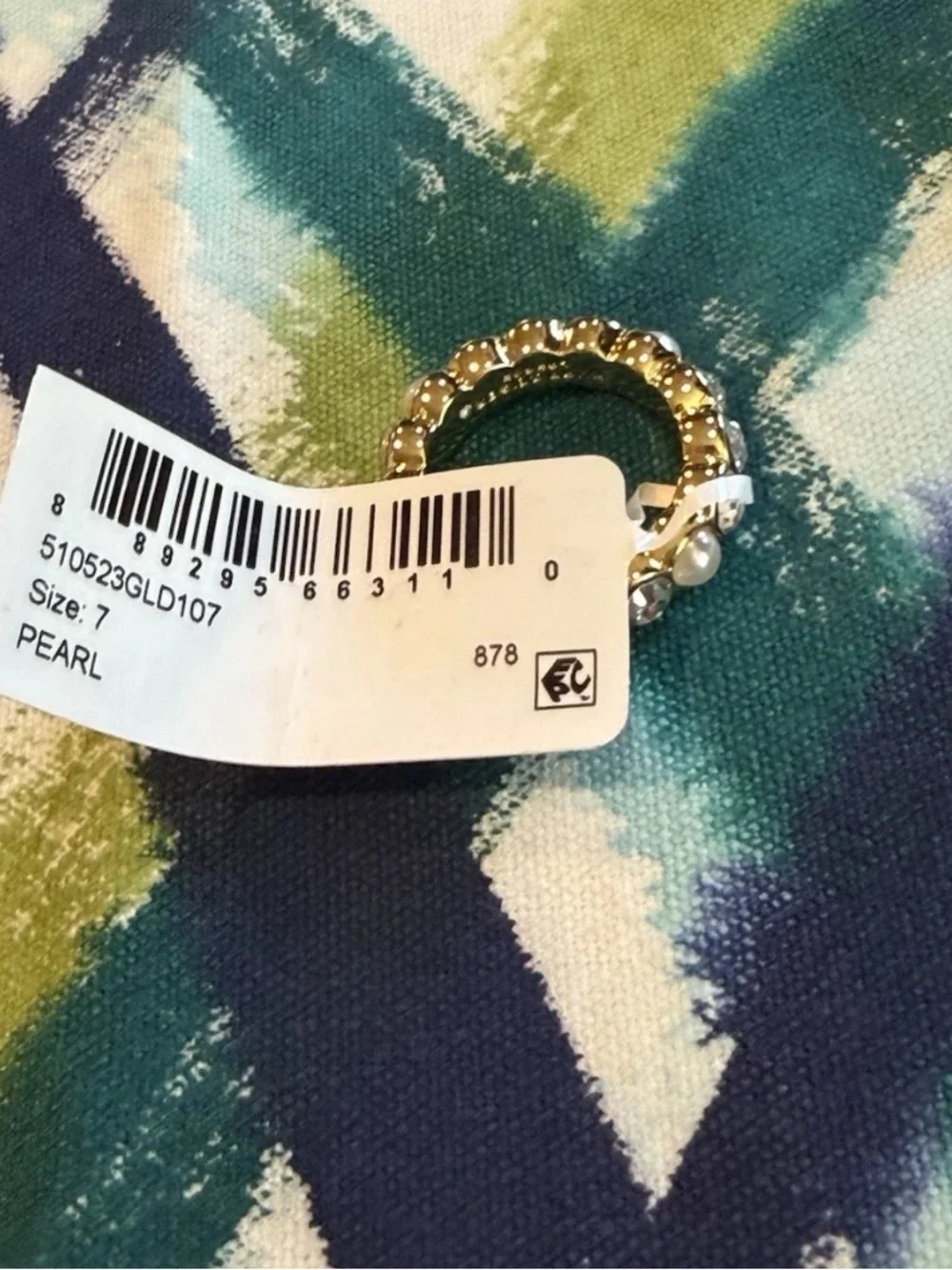 NEW KURT GEIGER LONDON Faux Pearl Crystal Goldtone Band Ring, Size 7 or 8